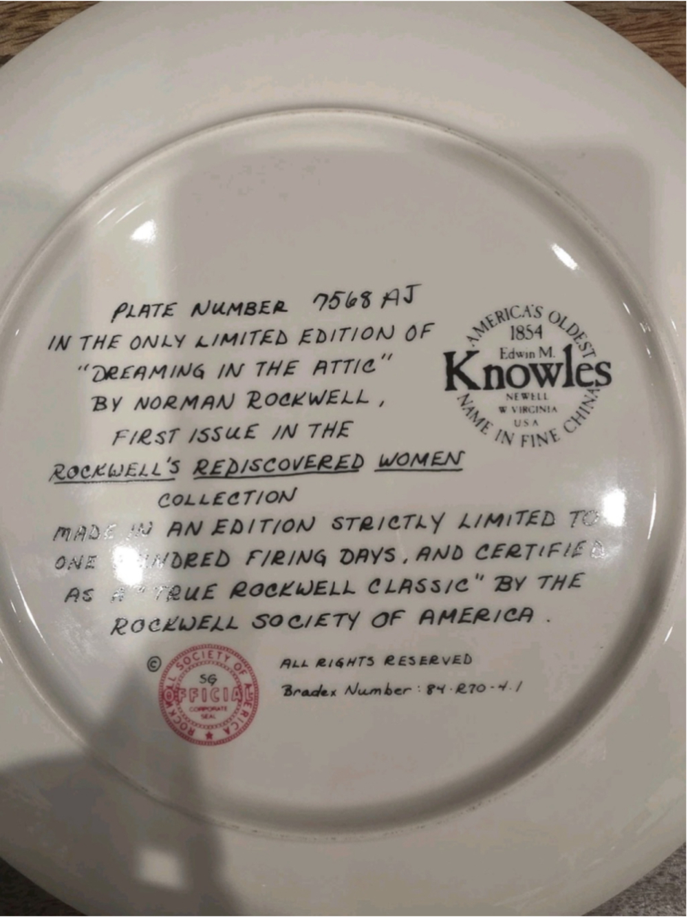 Dreaming In The Attic Collectible Plate Norman Rockwell Knowles Number 7568AQJ - Picture 3 of 3